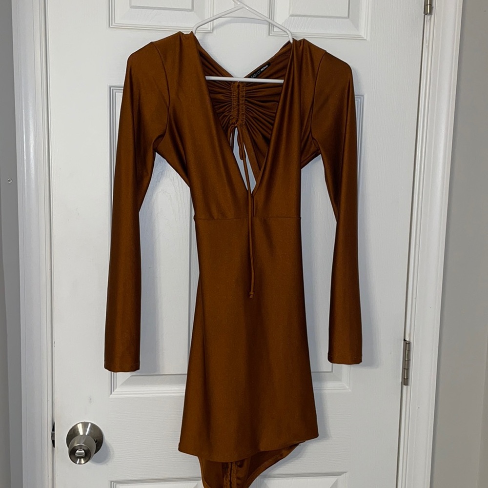 Low-cut bronze dress